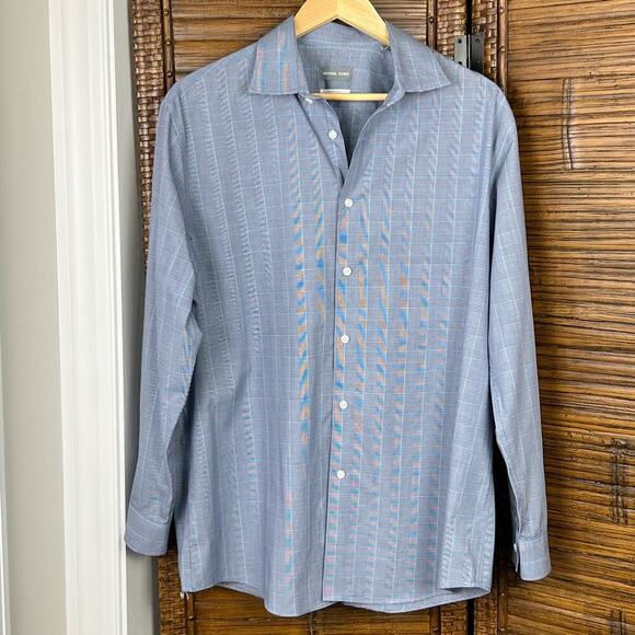 Michael Kors Non Iron Shirt Men's Size 17 32/33 Cotton Button Up Blue Plaid - Picture 2 of 7